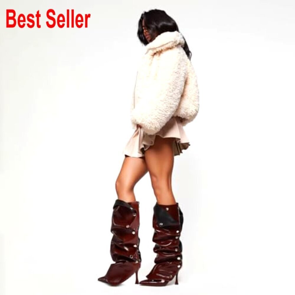 Suede Knee High Boots Stiletto Heel Pointed Toe Slouchy Wide Calf - Picture 2 of 6